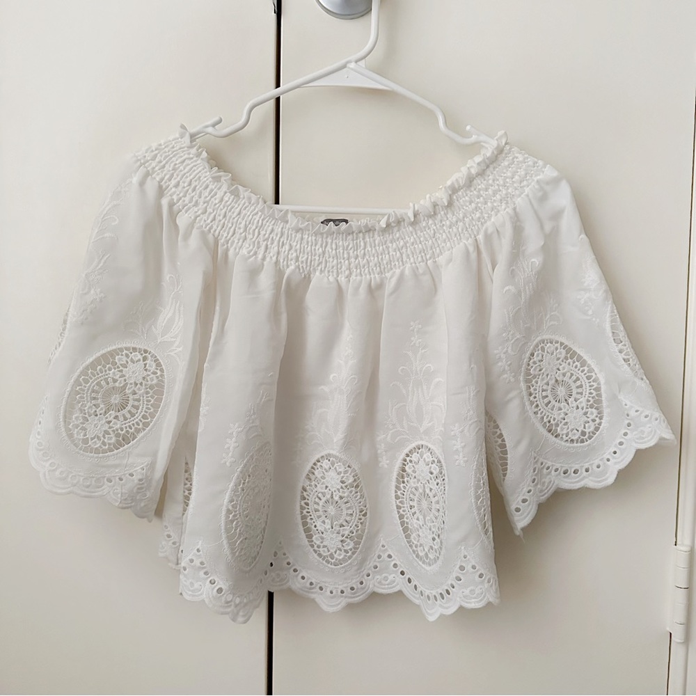 Charlotte Russe Off Shoulder Embroidered Eyelet Crop Top
